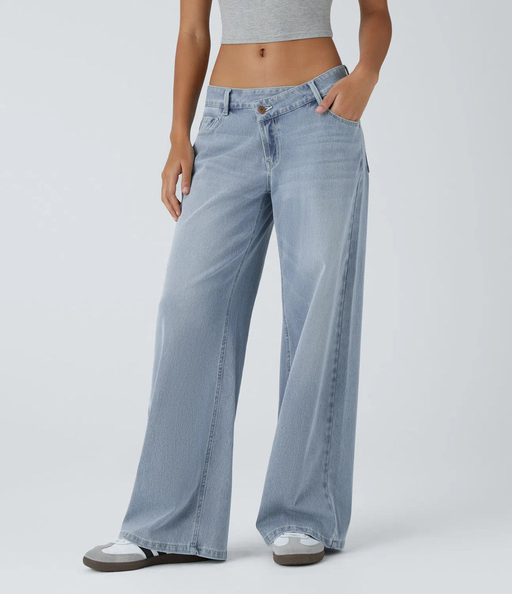 Lässige Jeans mit niedrigem Bund, Reißverschlusstaschen, weiter Beinform, übergroßem Schnitt und Waschung