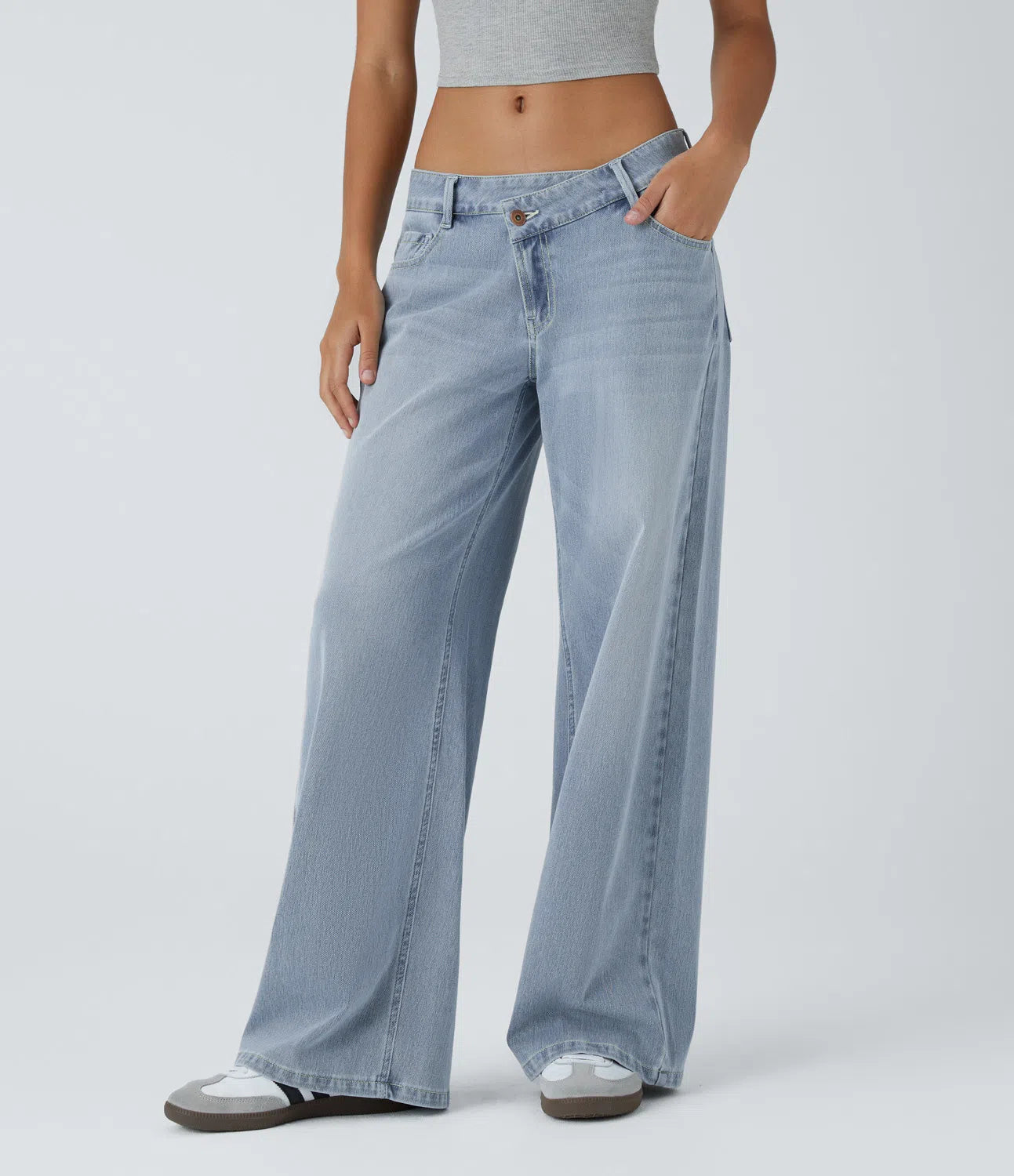 Lässige Jeans mit niedrigem Bund, Reißverschlusstaschen, weiter Beinform, übergroßem Schnitt und Waschung