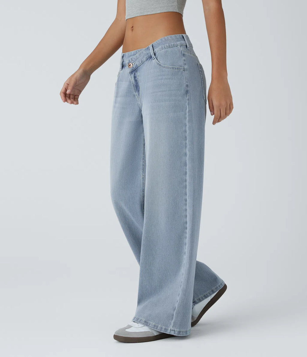 Lässige Jeans mit niedrigem Bund, Reißverschlusstaschen, weiter Beinform, übergroßem Schnitt und Waschung