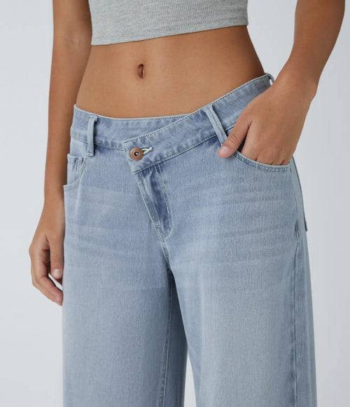 Lässige Jeans mit niedrigem Bund, Reißverschlusstaschen, weiter Beinform, übergroßem Schnitt und Waschung