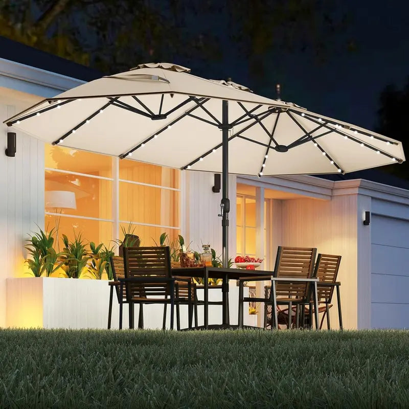 Modernein Double-Sided Patio Umbrella with Solar Light and Base