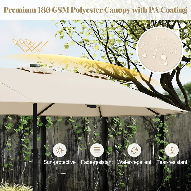 Modernein Double-Sided Patio Umbrella with Solar Light and Base