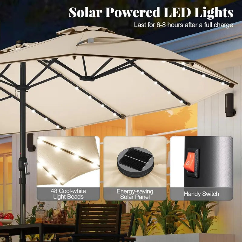 Modernein Double-Sided Patio Umbrella with Solar Light and Base